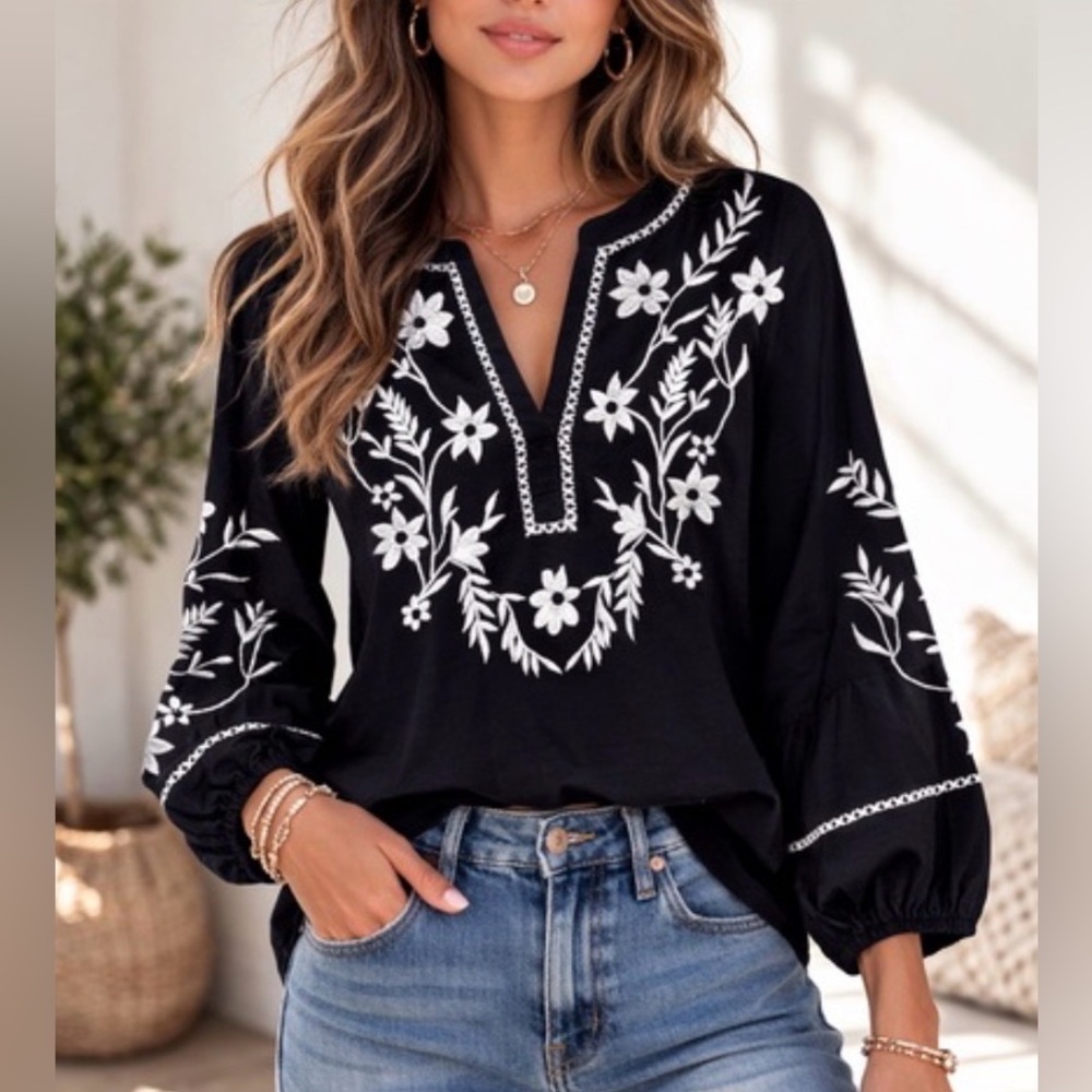 Joie boho blouse w/ floral embroidery. Balloon sleeves. Black, white. M. NWT